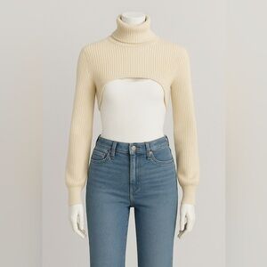 FORE Cream Ribbed Knit Shrug Sweater Turtleneck Bolero Long Sleeve Size M